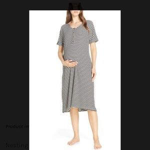 Nesting Olive Maternity/Nursing Ribbed Nightshirt in Stripe- Cream And Tan